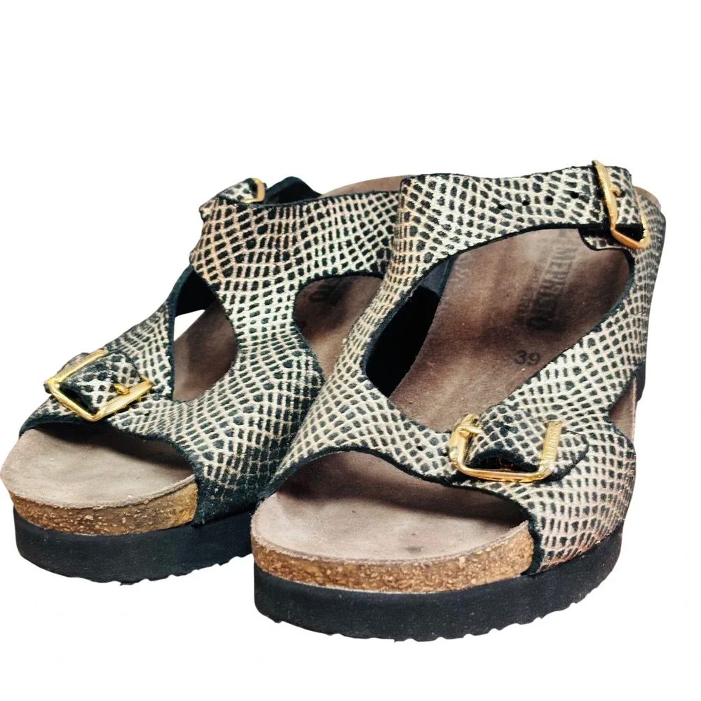 Mephisto Women Black Gold Snakeskin Leather Wedge Sandals Cork Footbed Size 39